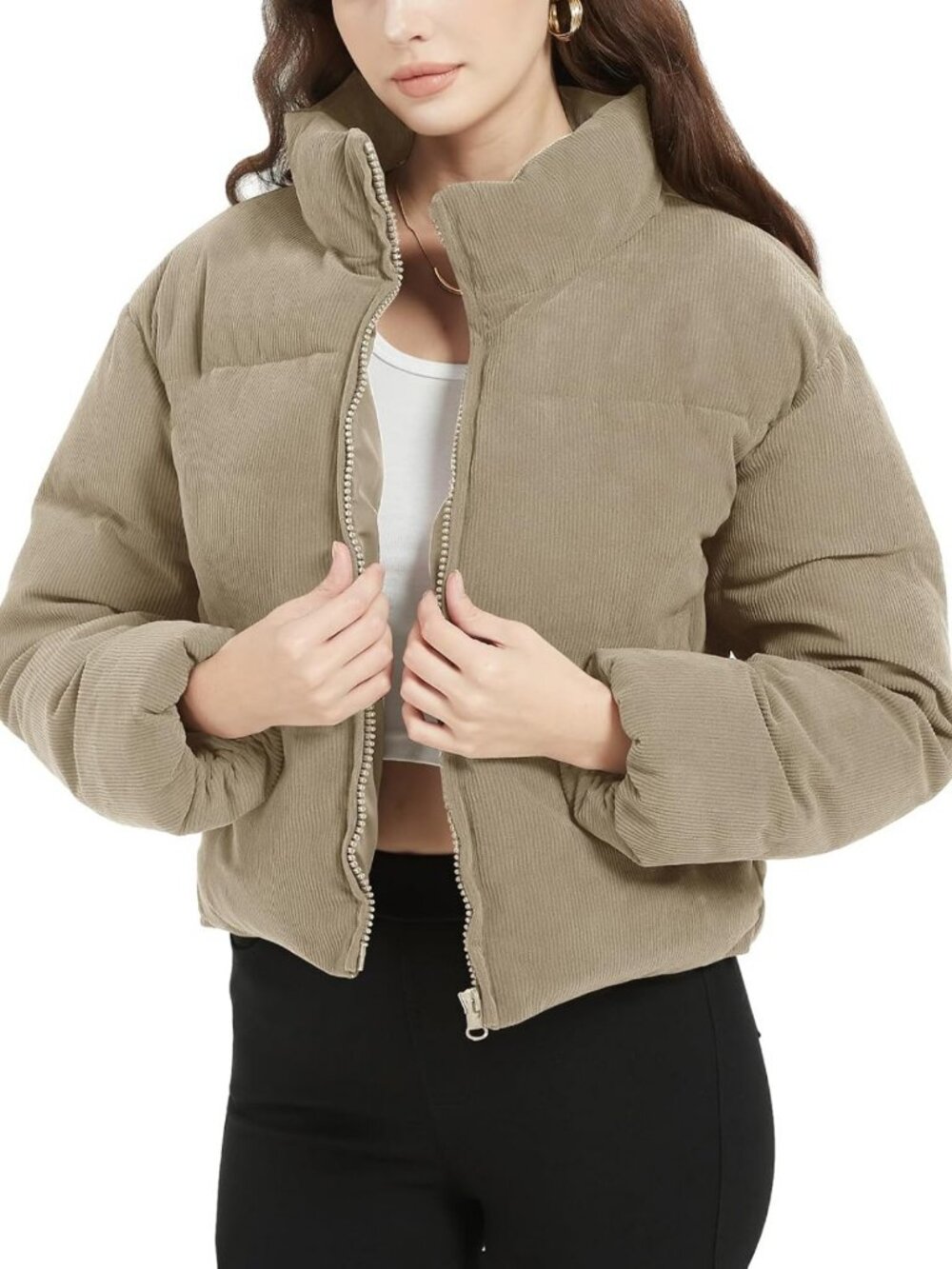 Cropped Corduroy Puffer Jacket for Women | Winter Zip Quilted Down Coat